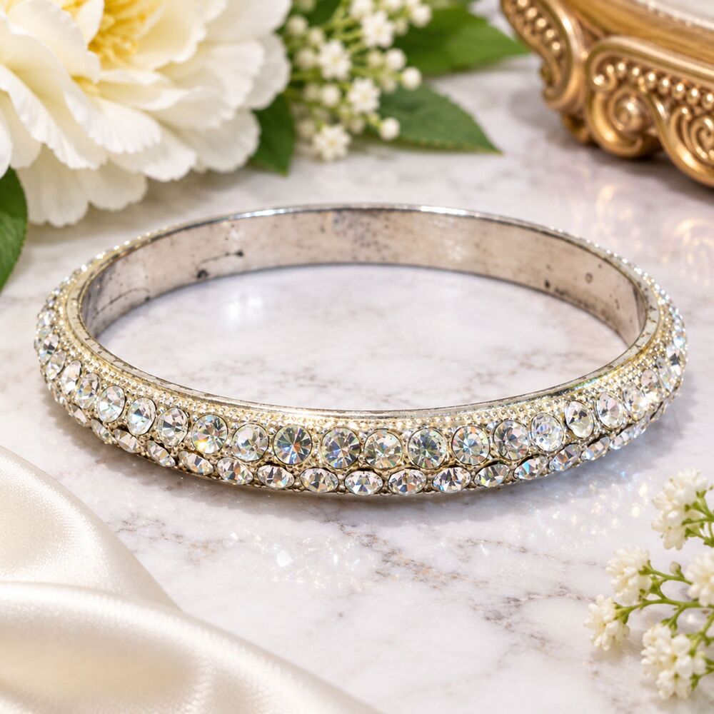 Silver Tone Clear Rhinestone Encrusted Bangle Bracelet